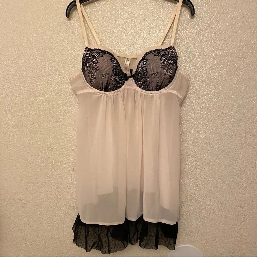 Gilligan & O'Malley pink black lace mesh sheer bustier babydoll lingerie-L